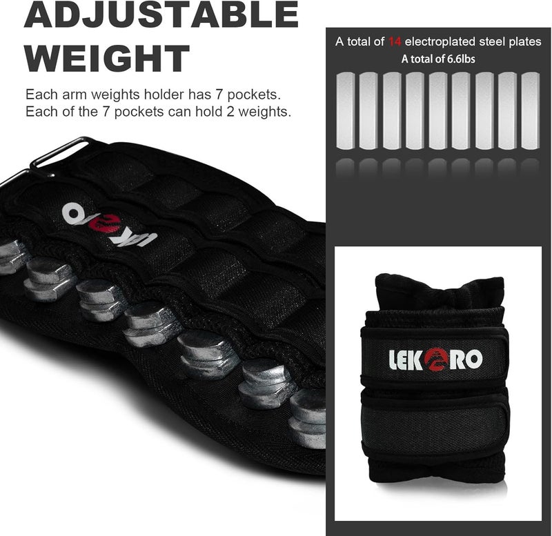 LEKÄRO Adjustable Ankle Weights & Wrist Weights for Women Men, 1 Pair Removable Weighted Plate Arm Leg Weights for Walking, Running, Pilates (2.2lb/4.4lb/6.6lb/11lb/22lb Total) - Image 4